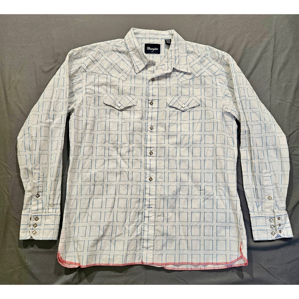 Wrangler Western Snap Shirt Mens XL White Blue Windowpane Grid Cotton